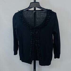 Talbots Black Round Neck Cardigan Women's Petite L 3/4 Sleeve Ruffle Trim